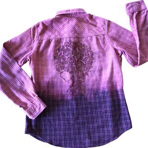 Bleached Flannel Shirt, Size XS: Upcycled Painted Fancy Lady Portrait